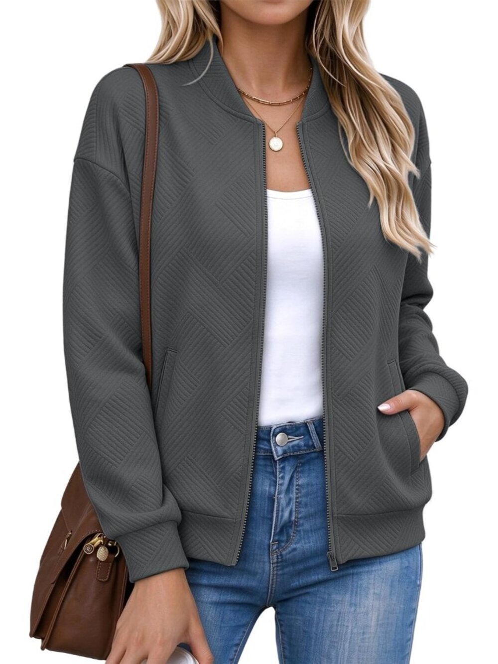 Women's Grey Bomber Jacket Zip Up Textured Fall Outerwear With Side Pockets